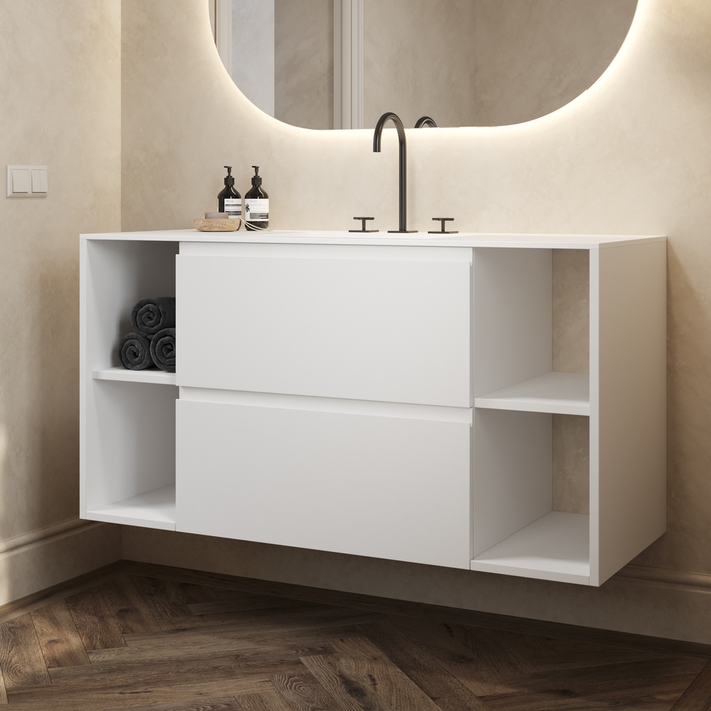 Apollo Classic Vanity Unit with Corian Basin 2 Stacked Drawers 4 Shelves Comfort Size White Std handle Side