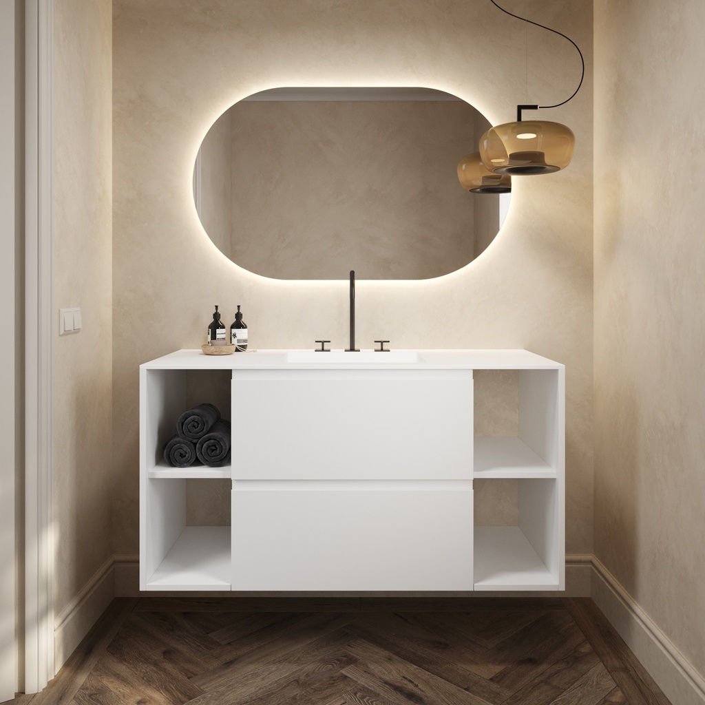 Apollo Classic Vanity Unit with Corian Basin 2 Stacked Drawers 4 Shelves Comfort Size White Std handle Front