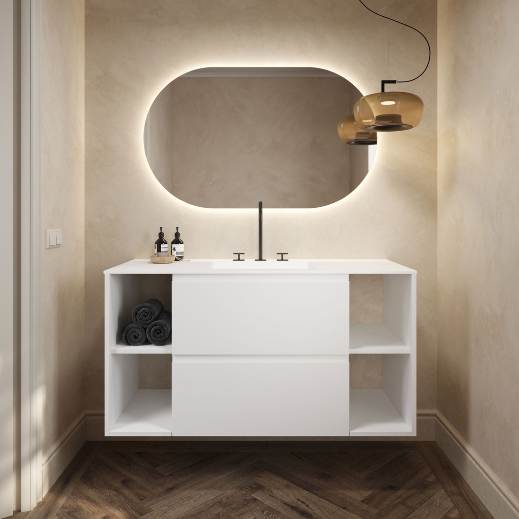 Apollo Classic Vanity Unit with Corian Basin 2 Stacked Drawers 4 Shelves Comfort Size White Std handle Front