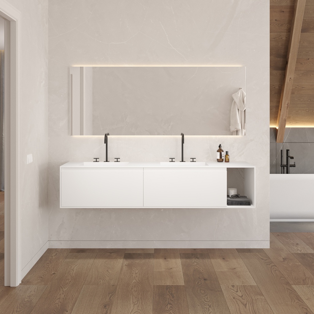 Apollo Classic Edge Vanity Unit with Corian Basin 2 Aligned Drawers 1 Shelf Luxe Size White Std handle Front