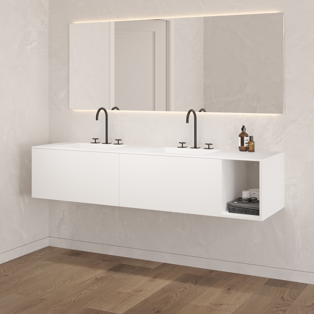 Apollo Classic Vanity Unit with Corian Basin 2 Aligned Drawers 1 Shelf Luxe Size White Push Pull Side