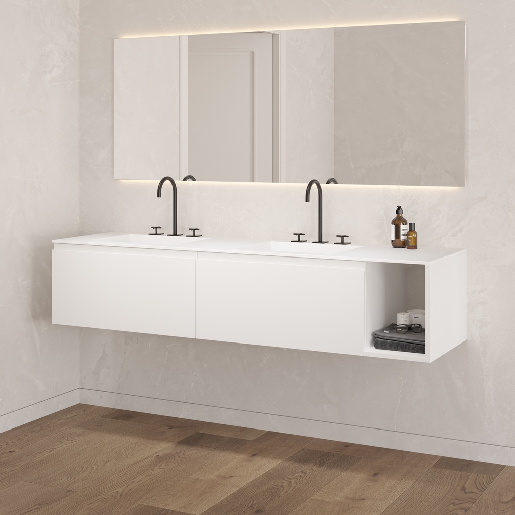 Apollo Classic Vanity Unit with Corian Basin 2 Aligned Drawers 1 Shelf Luxe Size White Std handle Side