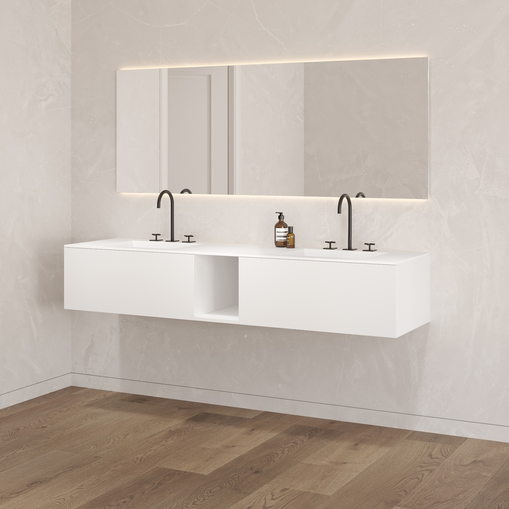 Artemis Classic Vanity Unit with Corian Basin 2 Aligned Drawers 1 Shelf Luxe Size White Push Pull Side