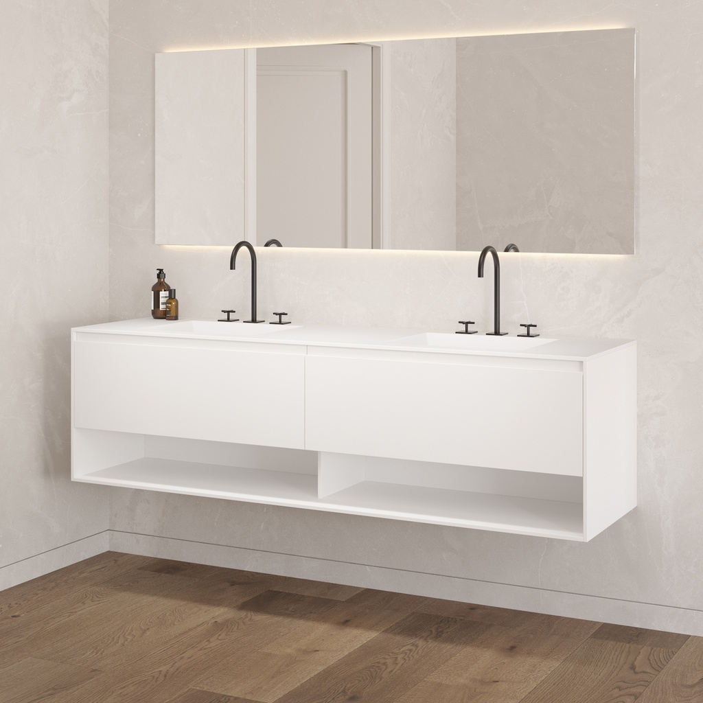 Athena Classic Edge Vanity Unit with Corian Basin 2 Aligned Drawers 1 Shelf Luxe Size White Std handle Side