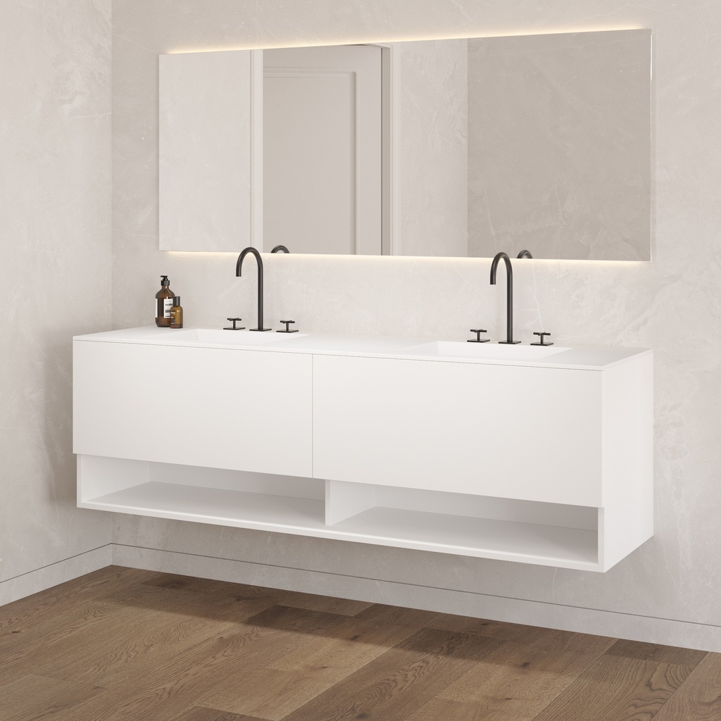 Athena Classic Vanity Unit with Corian Basin 2 Aligned Drawers 1 Shelf Luxe Size White Push Pull Side