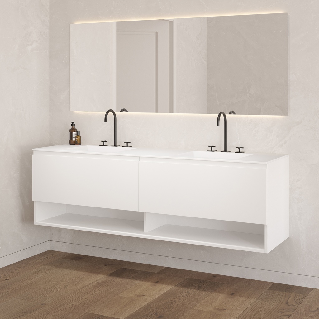 Athena Classic Vanity Unit with Corian Basin 2 Aligned Drawers 1 Shelf Luxe Size White Std handle Side