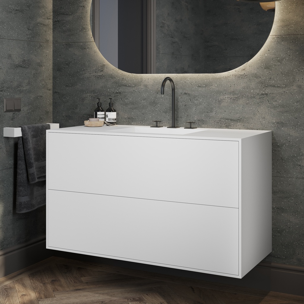 Gaia Corian Edge Vanity Unit with Corian Basin 2 Stacked Drawers White Push Side View