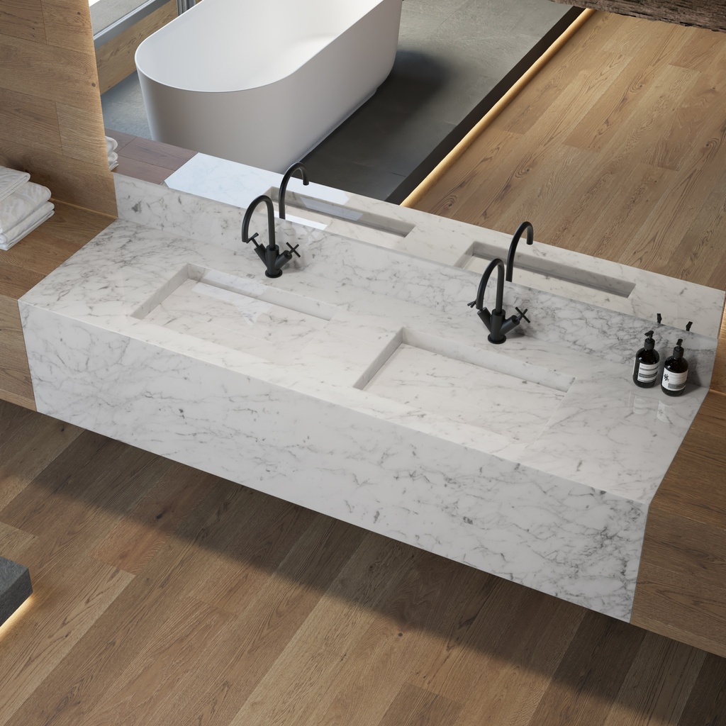 Gliese Deep Marble Double Wall-Hung Washbasin Carrara Marble Side View